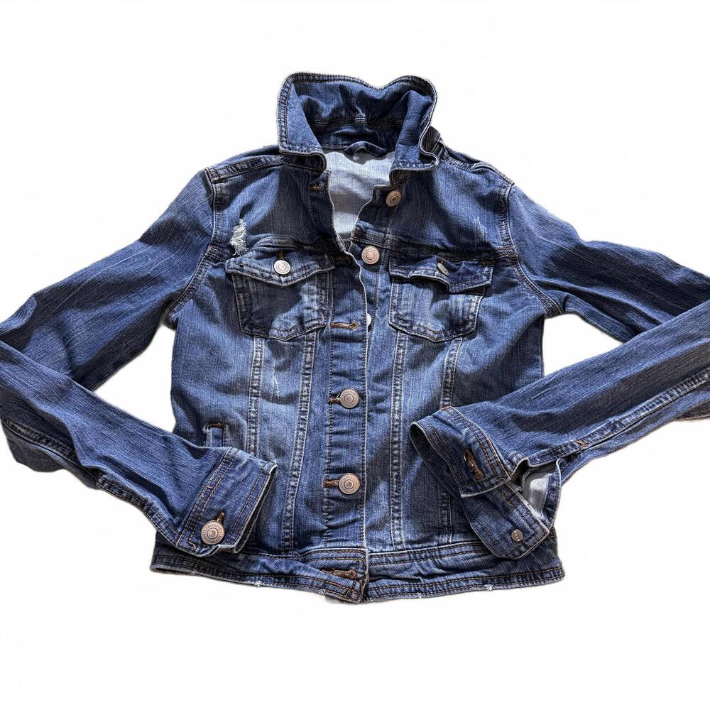 Aeropostale SZ‎ XS Seriously Stretchy Denim Jacket Slim Fit Cropped Distressed